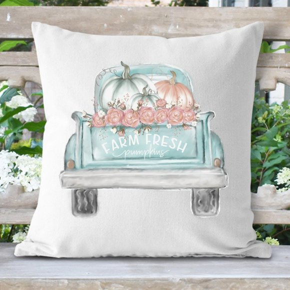 Fall Pillow Cover, Blue Pumpkin Truck, 16x16 inches, Autumn Home Decor - Picture 1 of 3